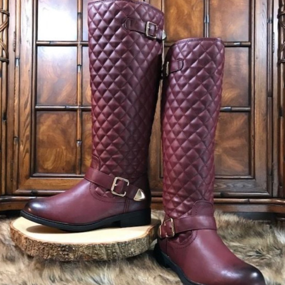 NWOT Diamond Quilted Burnished Burgundy Double Buckle Tall Shaft Boot